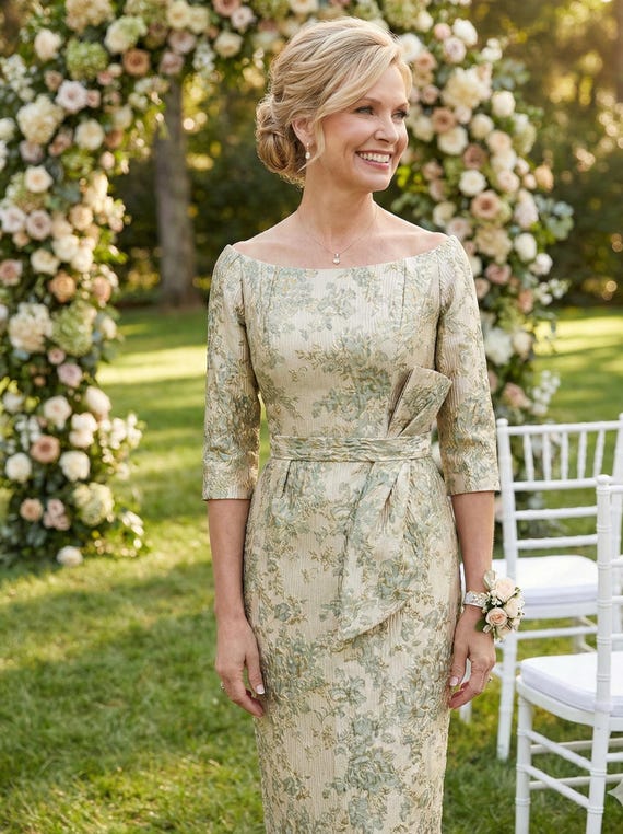 Off-shoulder Jacquard Column Dress: Sage Gold Mother of the Bride - Etsy