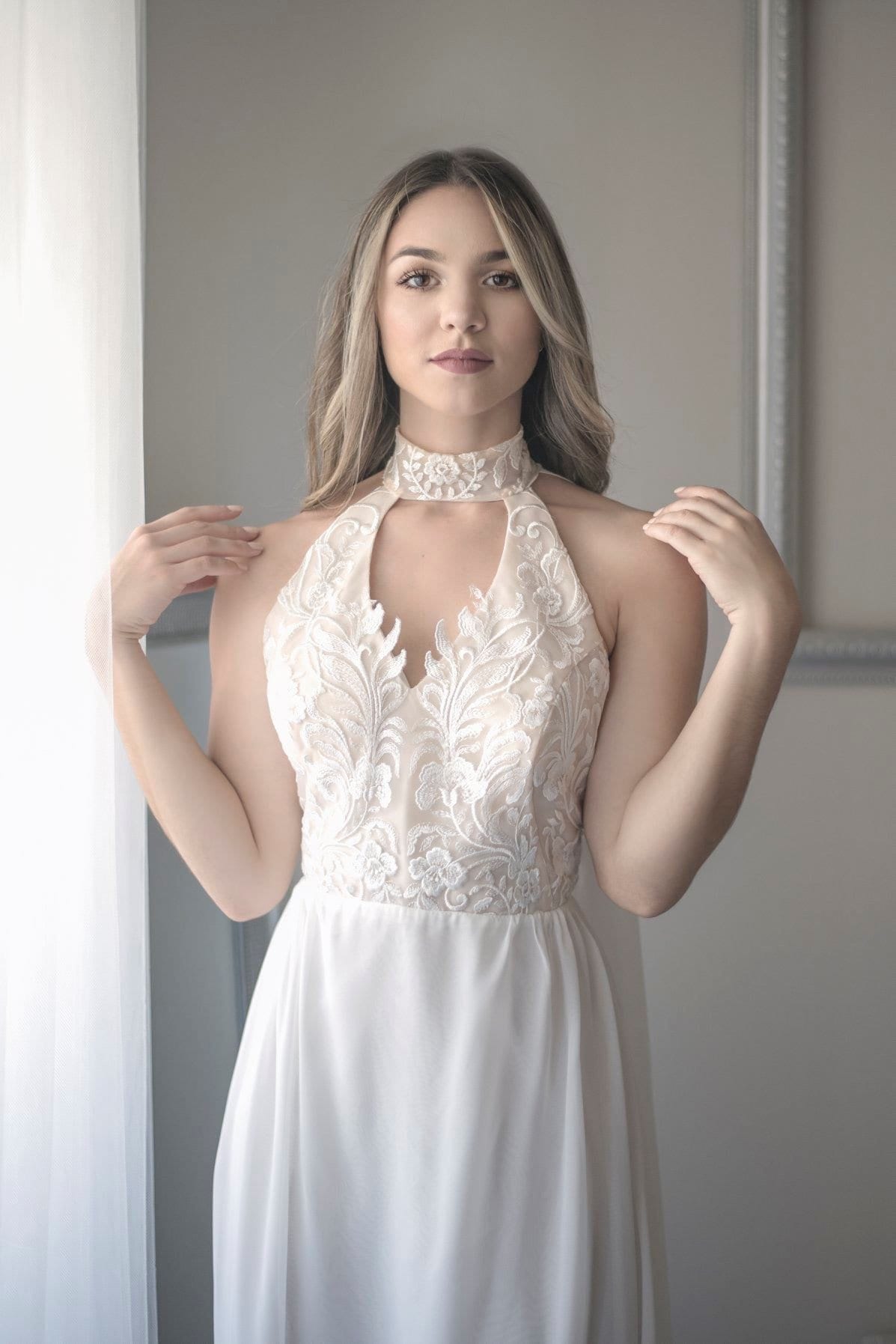 Lace Halter Chiffon Wedding Dress: Elegant Beach Bridal Gown - Etsy