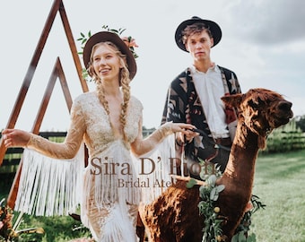 Fringe Lace Bohemian Wedding Dress: Long Sleeves Bridal Gown