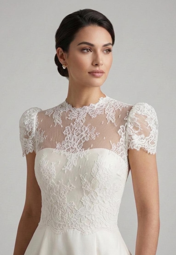 wedding dress topper short sleeve Tali French Lace Wedding Topper in Ivory; Boat Neck, V Back Buttons Bridal Bolero; Sheer, Half Sleeve Bridal Shrug Cover Up, Delicate Lace