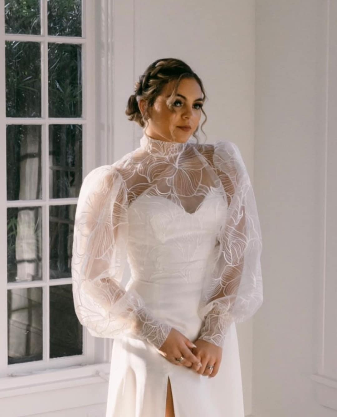 Lace Bridal Bolero: High Neck Wedding Dress Topper With Puffy