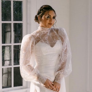 Lace Bridal Bolero: High Neck Wedding Dress Topper with Puffy Sleeves
