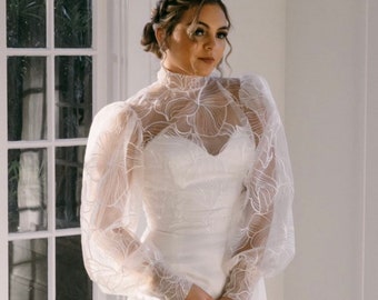 Wedding dress topper, lace bolero jacket, bridal lace blouse, long puffy sleeves wedding blouse. High neck lace top