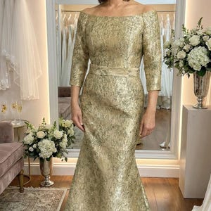 Gold-silver Jacquard Mother of the Bride Dress: Couture V-neck - Etsy Gold-silver Jacquard Mother of the Bride Dress: Couture V-neck - Etsy