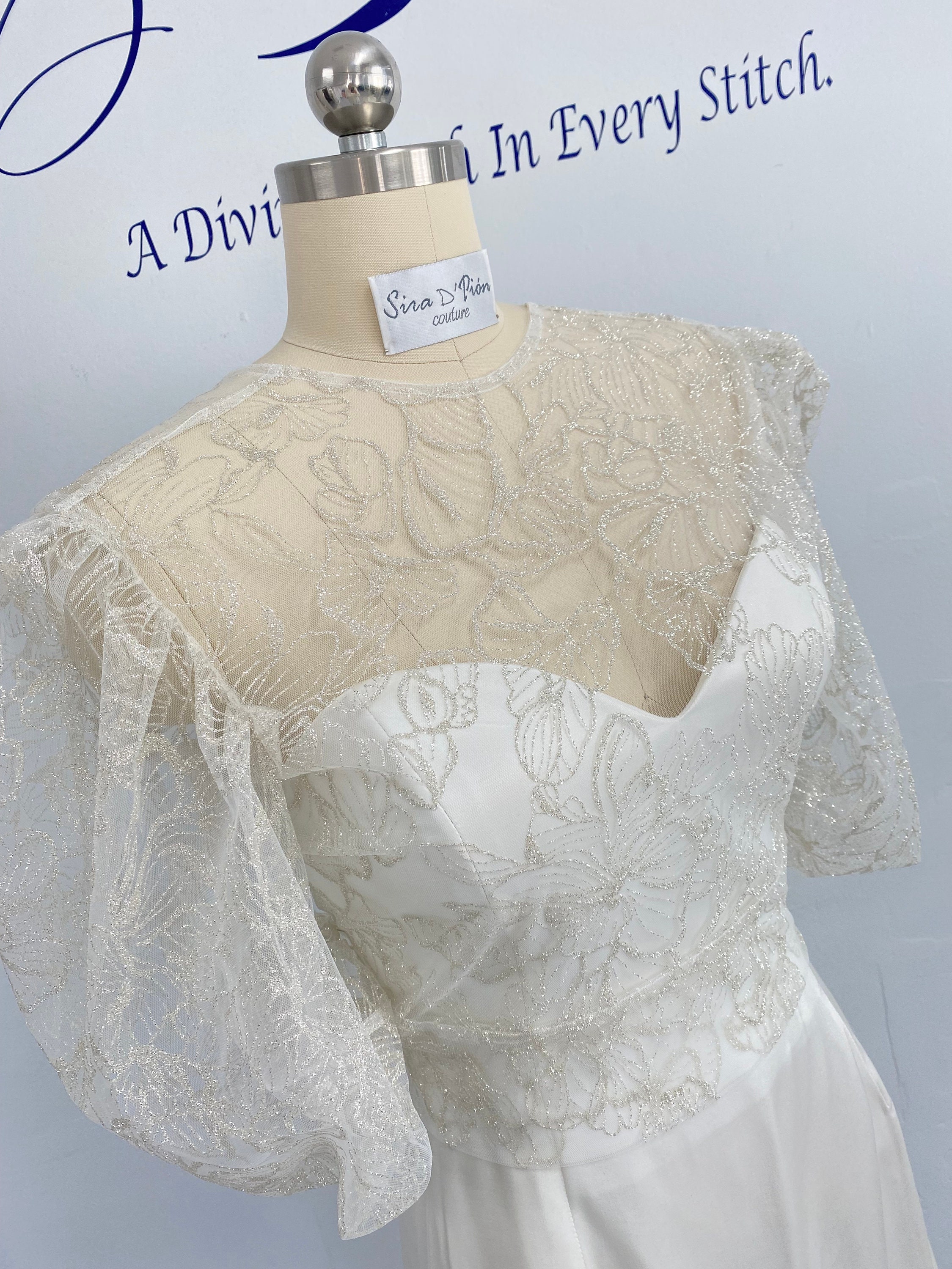 Wedding Dress Topper, Sparkling Shear Bridal Gown Topper, Puffy Sleeves ...