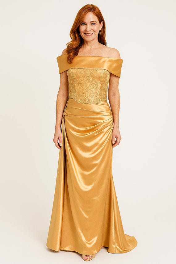 Gold Lace Off-Shoulder Gown: Elegant Mother of The Bride Dress Gold Lace Off-shoulder Gown: Elegant Mother of the Bride Dress - Etsy