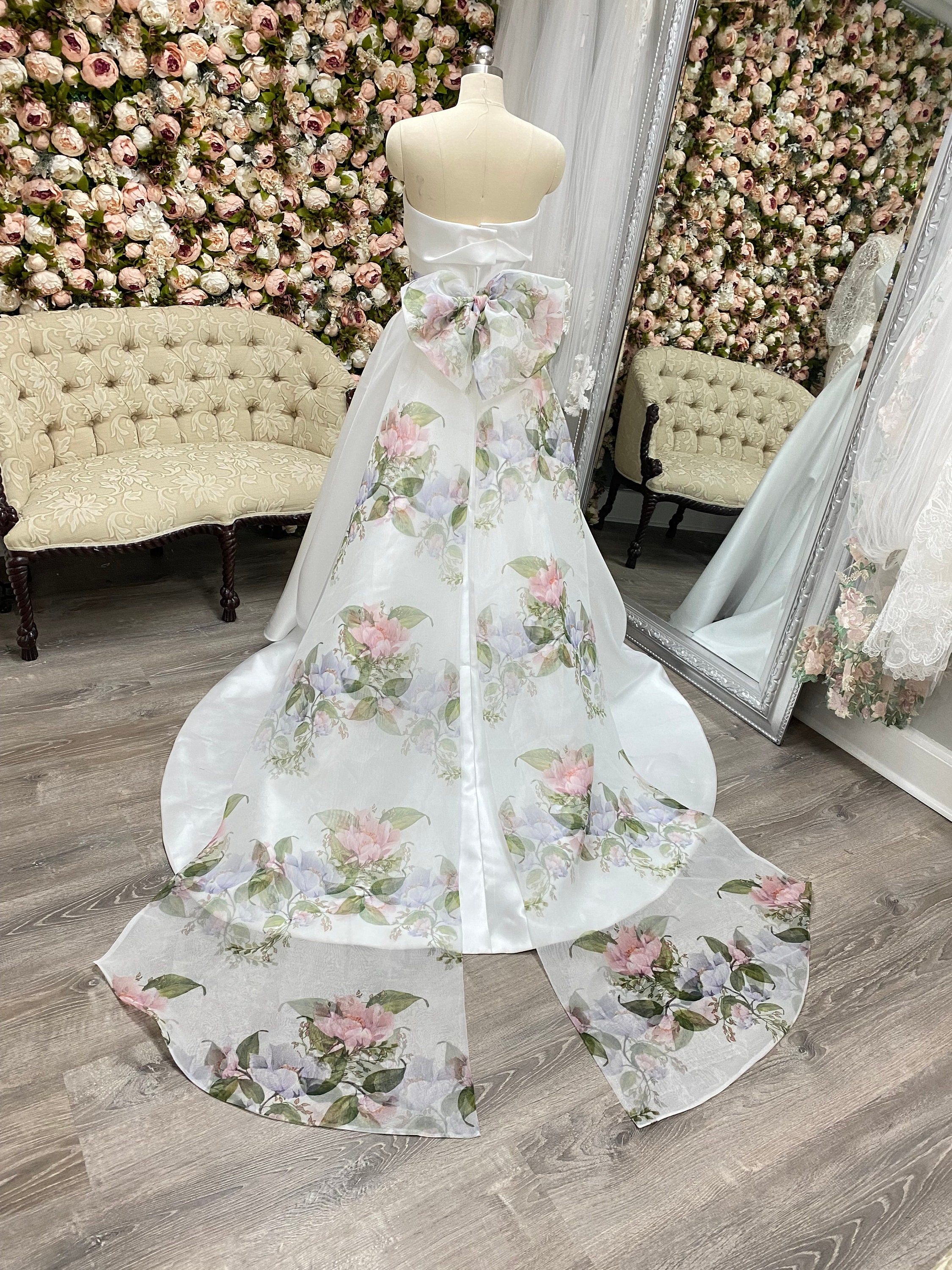 Bridal Sash, Big Bow Detachable Train, Floral Print Wedding