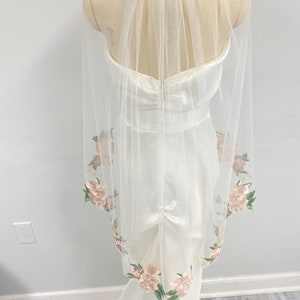 Sparkle Wedding Veil: Floral Pink Flower Embroidery, Fingertip Length