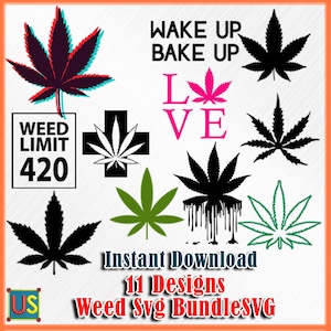 Pode incluir: Um download digital de 11 designs SVG com tema de erva daninha, incluindo uma folha verde com tinta preta pingando, uma folha preta e branca com uma cruz e uma folha rosa com a palavra "LOVE". O texto "Weed Svg BundleSVG" e "Download instantâneo 11 designs" também está incluído na imagem.