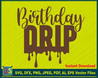 Puede incluir: Una descarga digital de un diseño gráfico con el texto "Birthday Drip" en marrón con líneas que gotean. El texto está en una fuente estilizada y se coloca sobre un fondo amarillo.