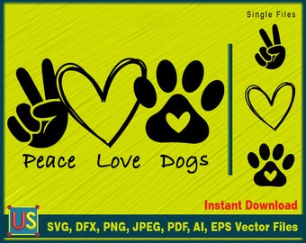 Puede incluir: Gráfico negro con las palabras "Peace Love Dogs", un signo de la paz, un corazón y una huella de pata de perro. También se incluyen gráficos adicionales de huellas de patas y corazones. La imagen está sobre un fondo amarillo.
