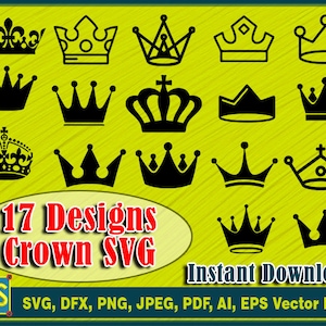 May include: A set of 17 black and white crown SVG designs. The designs are in a variety of styles, including traditional, modern, and whimsical. The text "17 Designs Crown SVG" and "Instant Download" is included in the image.