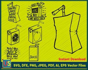 Puede incluir: Un conjunto de ilustraciones vectoriales en blanco y negro de cajas de jugo con el texto "Hold My Juice Box and Watch This". Las ilustraciones son perfectas para proyectos de manualidades, scrapbooking y diseño digital.