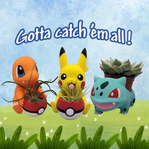 May include: Three Pokemon character planter pots, each with a different Pokemon: a yellow Pikachu, an orange Charmander, and a blue Squirtle. Each pot has a red and white Pokeball design. The text "Gotta catch 'em all!" is written above the pots.