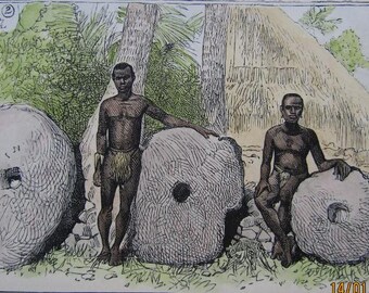 Western Pacific Islands Yap People Stone Money 1885 Hand Colored Print