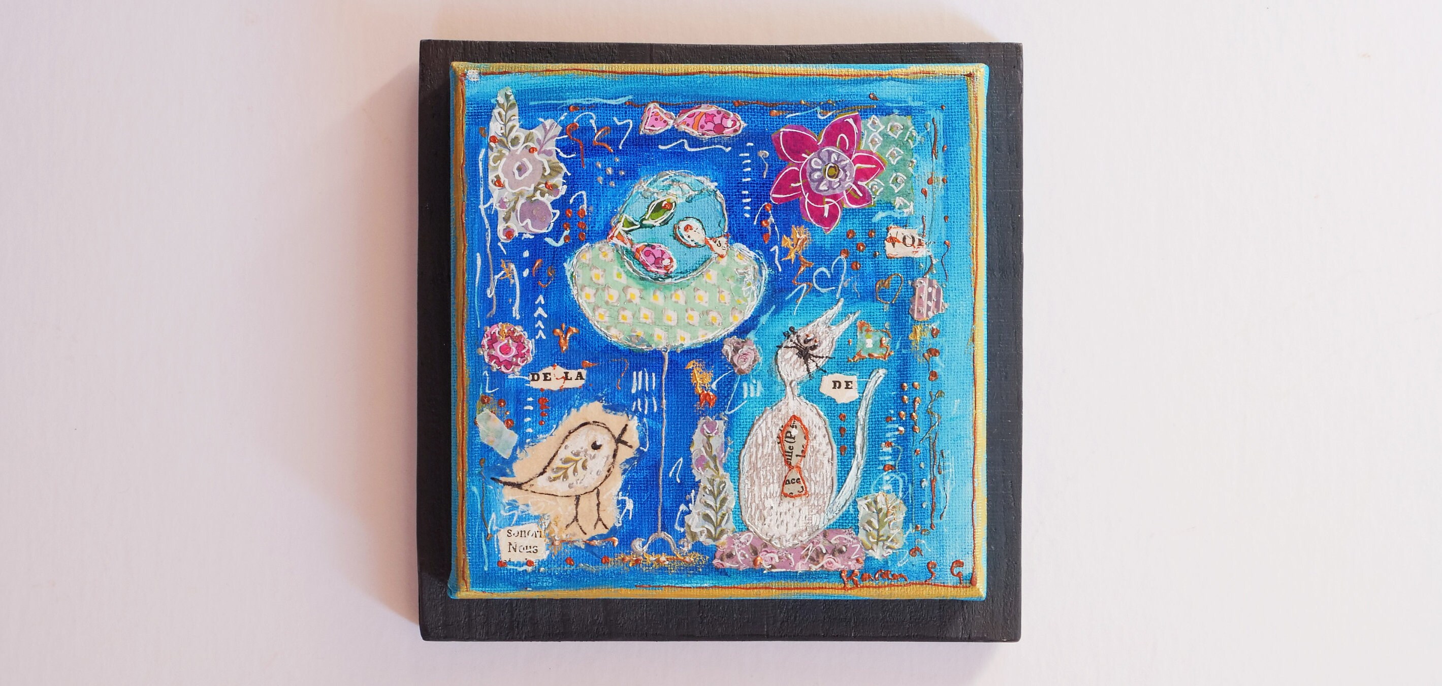 Chat et Ses Amis Poissons Dans Le Bocal - Toile sur Support en Bois