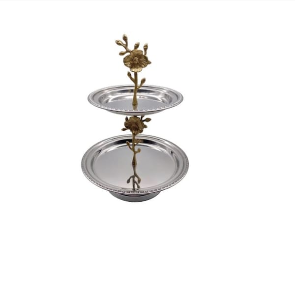 2-Tier Stainless Steel Gold Floral Dessert Stand (10"x10"x13") Handmade