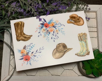 Cowboy boot, floral bull vinyl sticker sheet. Sticker for water bottle, laptop sticker, car sticker.
