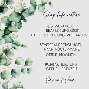 May include: A light gray background with watercolor eucalyptus leaves and the text "Shop Information". The text includes information about processing time, express production, custom requests, and contact details. The shop name "Jasmin & Vera" is also displayed.