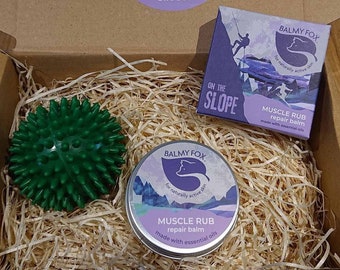 On the Slope Muscle Repair Set by Balmy Fox - Muscle Rub + Massage Ball for Climbers, Skiers, Sledders & Snowboarders