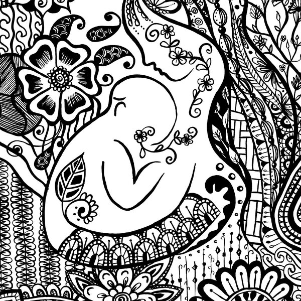 Zentangle Breastfeeding Mother and Child in India ink on watercolor paper digital download