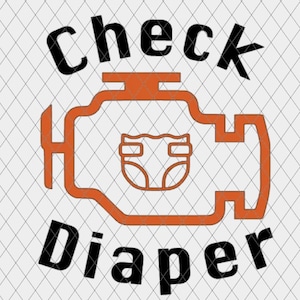 May include: An orange engine graphic with a diaper symbol inside, and the words "check" and "diaper" in black, angled text. The background is a light grey diamond pattern.
