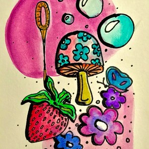 May include: A whimsical watercolor illustration featuring a red strawberry, a mushroom with blue floral accents, and a blue butterfly. The artwork includes purple flowers, bubbles, and a pink background.
