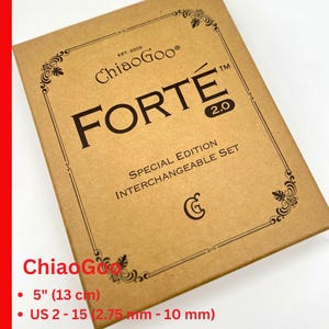 May include: A brown cardboard box featuring the text "FORTE 2.0 SPECIAL EDITION INTERCHANGEABLE SET" and the brand name "ChiaoGoo". The box has decorative corner designs and includes the measurements: 13 cm and US 2-15 (2.75 mm - 10 mm).