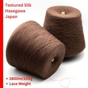 May include: Two brown yarn cones are displayed against a white background. The text "Textured Silk Hasegawa Japan" is at the top. The text "2800m/100g" and "Lace Weight" are at the bottom. The yarn is a dark brown color.