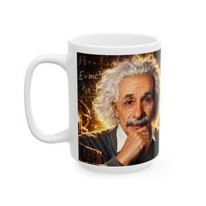May include: A white ceramic mug featuring a photographic print of Albert Einstein with his hand to his chin. The background displays a dark chalkboard filled with mathematical equations including E=mc2 and f=1/3o, set against a warm golden glow.