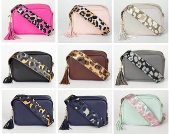 2 Riemen Quaste Crossbody Bag Kameratasche Schultertasche für Damen Verschiedene Farben Leopardenmuster
