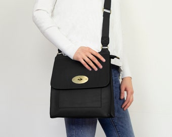 A Personalised Crossbody Messenger Bag for Woman, Vegan Handbag/ Shoulder/ Travel/ Designer bag Black