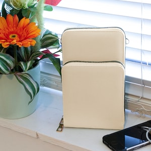 Bolso porta móvil para mujer Cartera de piel vegana Monedero con 2 compartimentos Beige claro