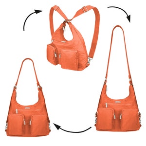 May include: A convertible orange bag with multiple pockets and straps. The bag can be worn as a backpack, shoulder bag, or crossbody bag.