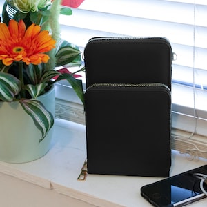 Cartera de piel vegana para mujer, con 2 compartimentos, color negro