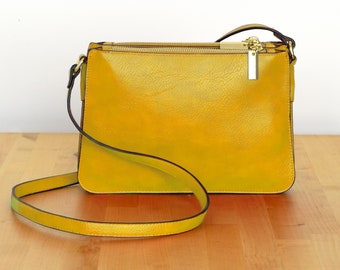 A Classic Crossbody / Shoulder Bag for Ladies, Zipped pockets, Faux Leather, Tan-yellow