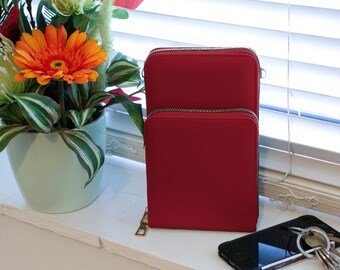 Phone Holder Bag for Ladies Vegan Leather Wallet Money Purse with 2 compartments Red