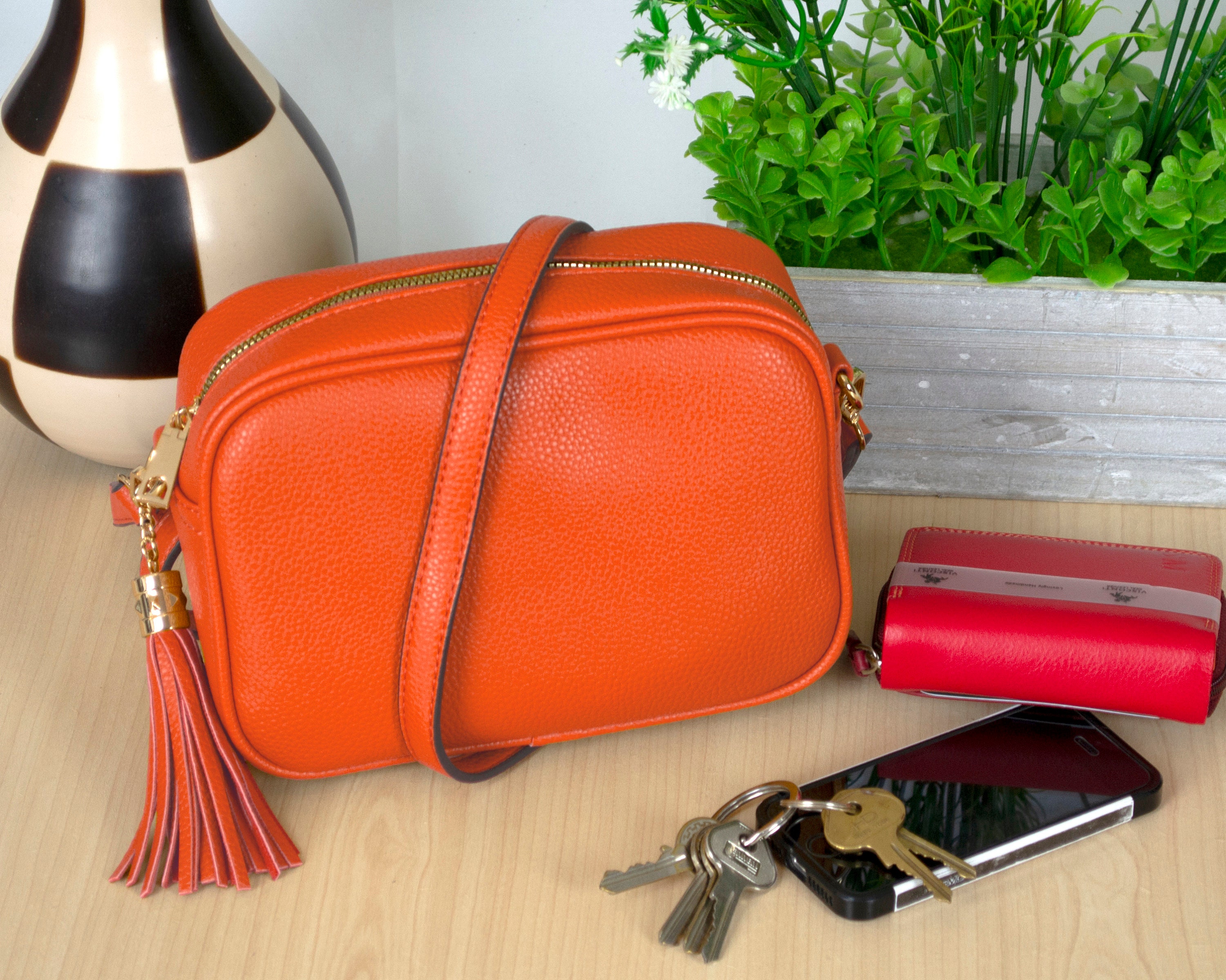 Orange Leather Crossbody Box Bag Purse