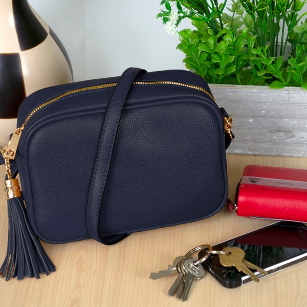 Tassel Crossbody Bag/Camera Bag Shoulder Bag for Ladies Faux Leather Navy