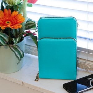 Bolsa porta-telefone para mulheres, carteira de couro vegano, bolsa para dinheiro com 2 compartimentos, azul-petróleo