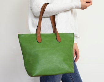 Tote for Woman, Classy Shoulder Bag, Vegan PU leather Handbag Green