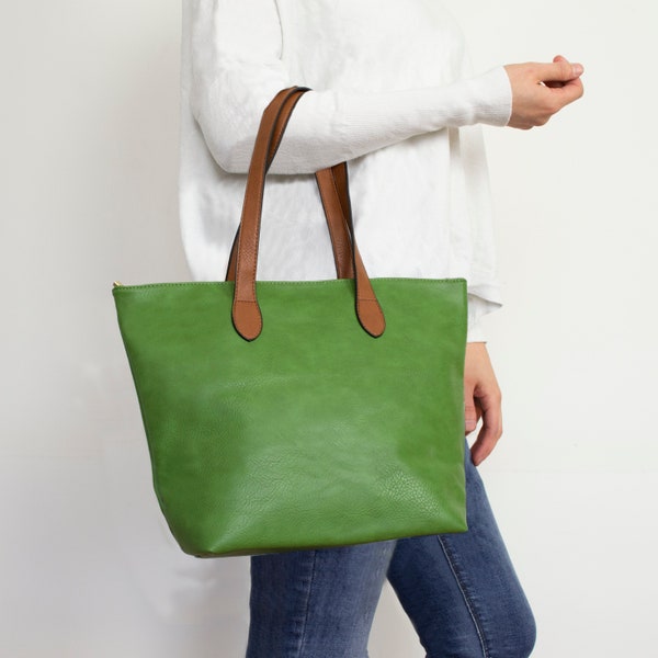 Tote for Woman, Classy Shoulder Bag, Vegan PU leather Handbag Green