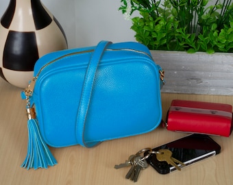 Bolsa transversal com borlas/bolsa para câmera bolsa de ombro para mulheres couro sintético azul-celeste