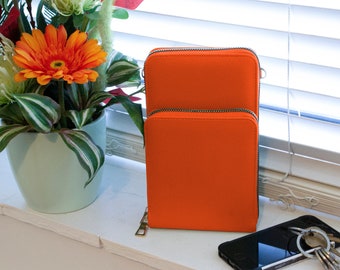 Phone Holder Bag for Ladies Vegan Leather Wallet Money Purse with 2 compartments Orange