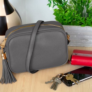Tassel Crossbody Bag/Camera Bag Shoulder Bag for Ladies Faux Leather D.Grey