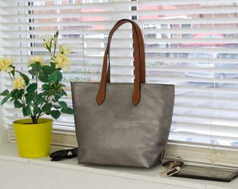 Cabas pour femme, sac à bandoulière élégant, sac à main en cuir PU végétalien gris argenté