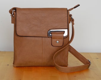 A Personalised, Asymmetric Crossbody / Shoulder Bag for Women, Faux Leather, Camel-brown