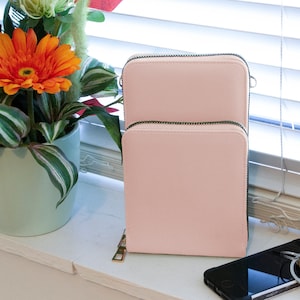 Cartera de piel vegana para mujer, con 2 compartimentos, color rosa claro