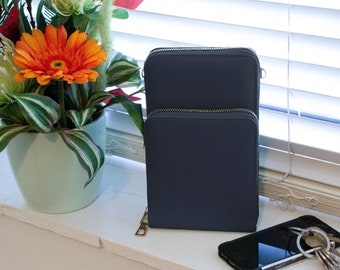 Phone Holder Bag for Ladies Vegan Leather Wallet Money Purse with 2 compartments Navy