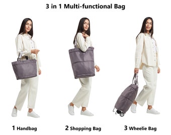 Fourre-tout de luxe, sac à main, sac à provisions, sac à roulettes tout en 1, sac multifonctionnel (taille cabine) gris